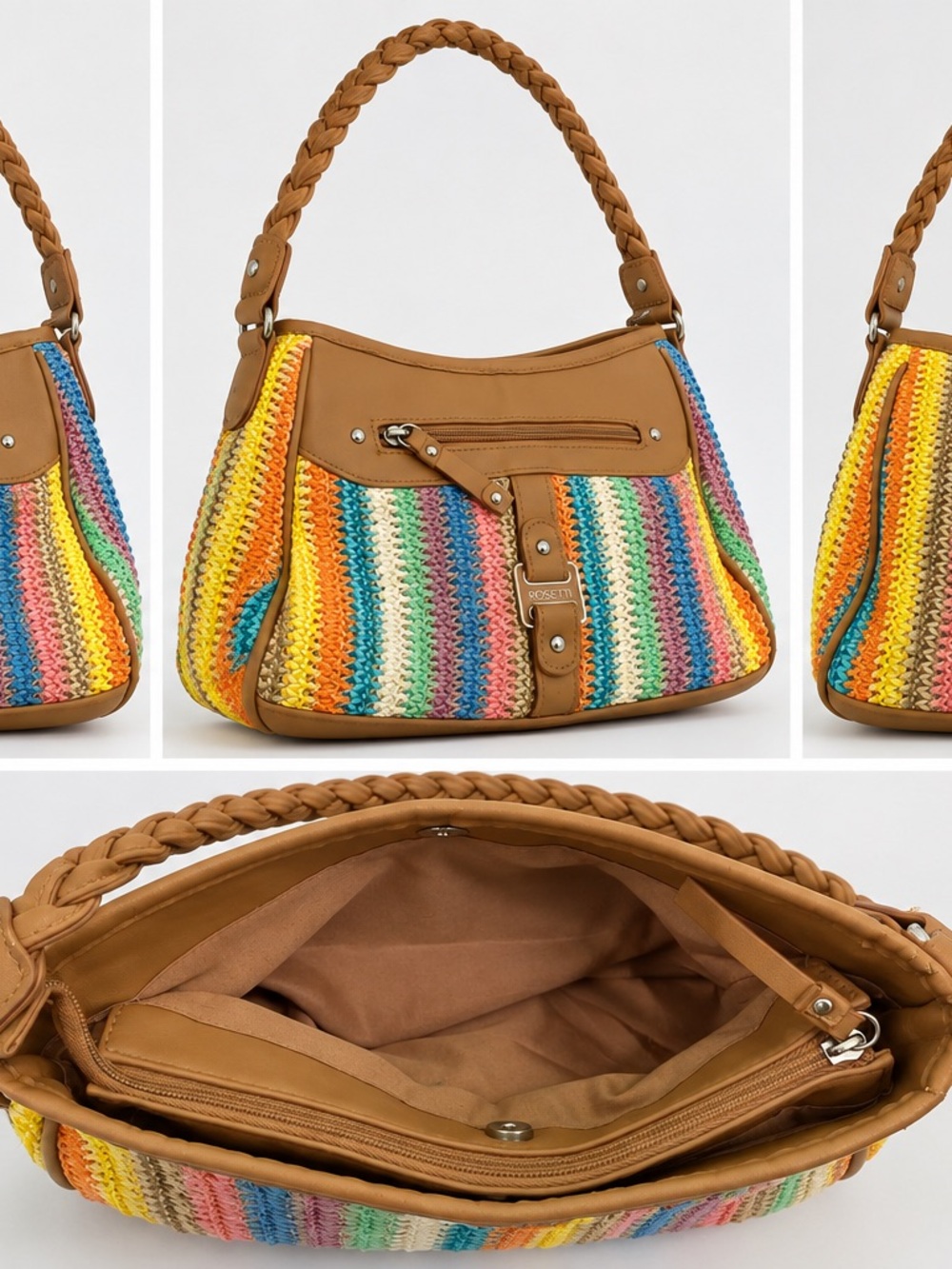 Braided-Handle Rainbow Woven Shoulder Bag with Tan Trim